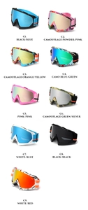 Matrix of nine skiing goggles in various colors with anti-fog lenses and adjustable straps