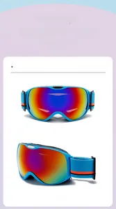 Front and side view of kids anti-fog ski goggles with blue frame and rainbow lenses