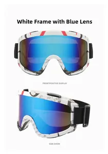 Detail view of ski goggles with white newspaper print frame and blue mirrored lenses