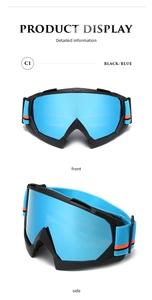 Detail of anti-fog ski goggles with blue lenses and adjustable elastic strap