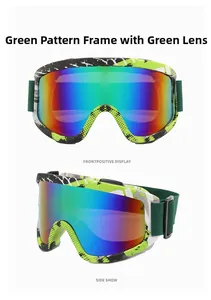Detail of green camo ski goggles with rainbow mirrored lenses and adjustable strap