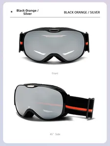 Detailed views of kids ski goggles featuring black orange frame and silver mirror lens