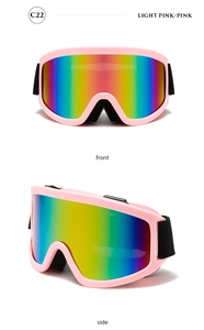 Front and side views of light pink ski goggles with colorful mirrored spherical lenses