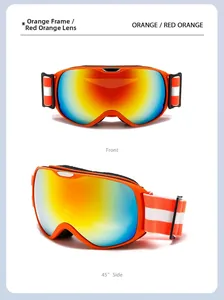 Front and 45-degree views of kids' orange frame ski goggles with red-orange lenses