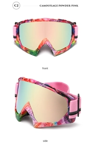 Front and side view of pink camouflage anti-fog ski goggles with colorful mirrored lens