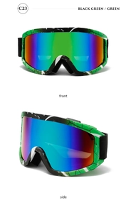Detail view of honeycomb textured ski goggles with colorful large window lenses