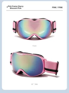 Front and 45-degree views of pink kids ski goggles with colorful anti-fog lenses