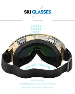 Detail of ski goggles featuring camouflage frame with anti-fog ventilation and foam lining