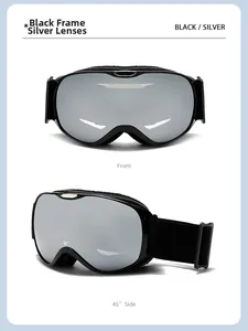Front and 45-degree side views of black ski goggles with silver mirrored lenses