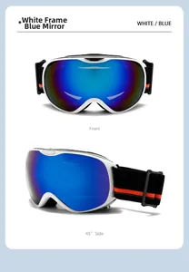 Front and 45-degree side views of white kids ski goggles with blue mirrored lenses