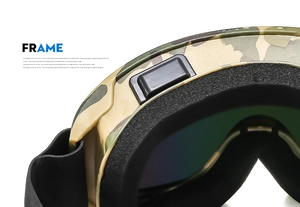 Close-up of camouflage frame with thick black foam padding on adult ski goggles