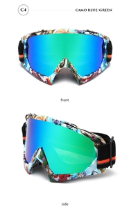 Detail view of graffiti-patterned ski goggles with blue-green mirrored spherical lens
