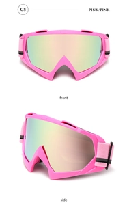 Pink anti-fog ski goggles with colorful coated lenses and adjustable strap in dual views