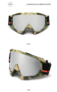 Front and side view of C6 camouflage green goggles with silver reflective lens