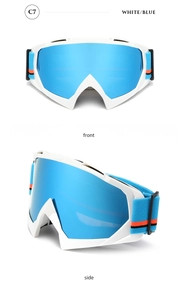 Front and side view of white ski goggles with blue mirrored lens and striped strap