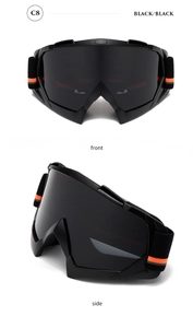 Front and side macro views of professional black ski goggles with breathable mesh frame
