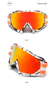 Front and side views of professional graffiti print ski goggles with red gradient lenses