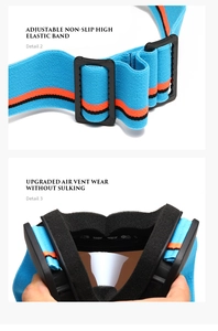 Detail of adjustable non-slip strap and upgraded air vent system for ski goggles
