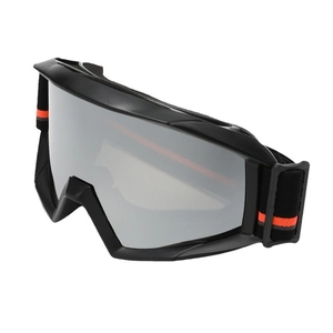 Anti-fog ski goggles with silver mirrored lens and adjustable orange-striped strap