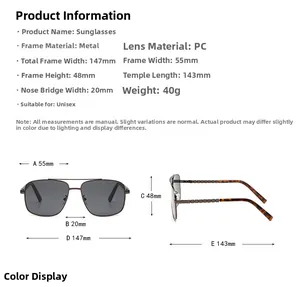 Detailed size chart for metal pilot sunglasses showing dimensions and technical specs
