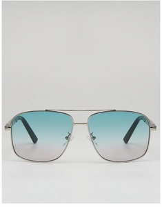 Close-up of classic silver metal double-bridge aviator sunglasses with gradient blue lenses