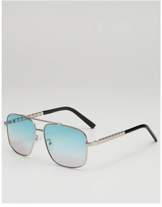 Detail of aviator sunglasses with silver metal double bridge and blue gradient lenses