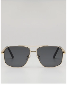 Front view of men's metal double bridge aviator sunglasses with dark grey square lenses