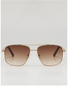 Front view of aviator sunglasses with gold metal double bridge and brown gradient lenses