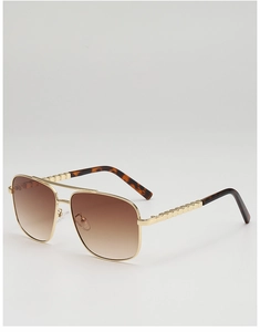 Detail of aviator sunglasses featuring square chain links and tortoiseshell temple tips