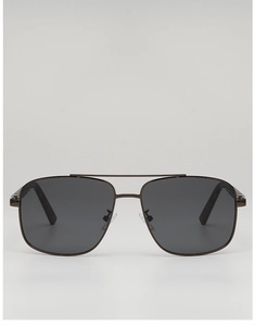 Close-up of classic metal double bridge aviator sunglasses with dark grey lenses