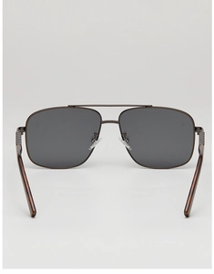 Detailed rear view of metal double bridge sunglasses with tortoise shell temple tips