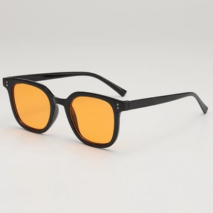 Retro square black frame sunglasses with orange lenses and silver rivet accents