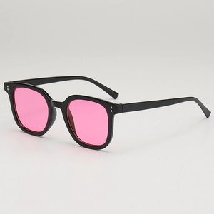 Classic square black frame sunglasses with pink transparent lenses and silver rivets