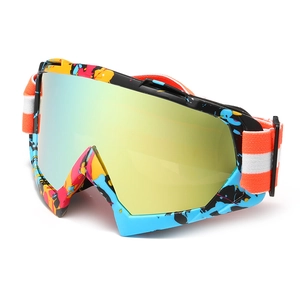 Graffiti style ski goggles with gold mirrored lens and adjustable orange elastic strap