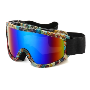 Graffiti frame ski goggles with oversized anti-fog reflective lens and adjustable strap