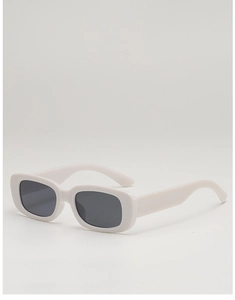 Detail of vintage white rectangular sunglasses with dark grey lenses in 45-degree side view