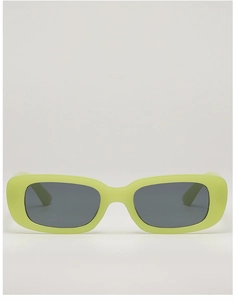 Detail of neon green square children sunglasses with dark grey lenses in retro style