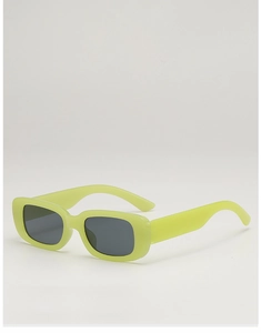 Detailed view of neon green rectangular children's sunglasses with y2k dark grey lenses