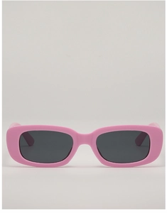 Front view of stylish pink rectangular kids sunglasses with dark grey tinted lenses