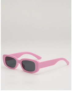 Close-up of pink rectangular frame sunglasses with dark lenses for children