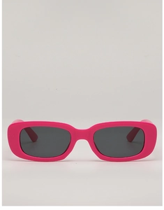 Front view of stylish hot pink rectangular children's sunglasses with dark grey lenses