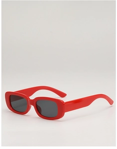 Detailed view of trendy red square frame sunglasses with dark grey lenses for kids