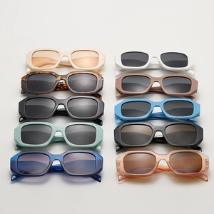 Grid of vintage rectangular sunglasses in ten varied colors and lens tints