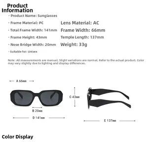 Detailed size chart for unisex UV400 sunglasses with 141mm frame width and PC material