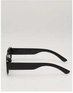 Detail view of the wide temple arm on black square sunglasses featuring VW-222 model code