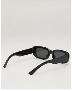 Side view of square black sunglasses with wide temples and model number AM-333