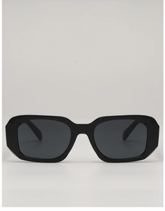 Front macro view of black rectangular chunky frame sunglasses with dark lenses