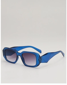 Detail of dark blue geometric frame sunglasses with thick edges and angular temples