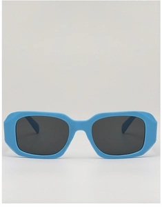 Front view of baby blue rectangular thick frame sunglasses with dark grey lenses
