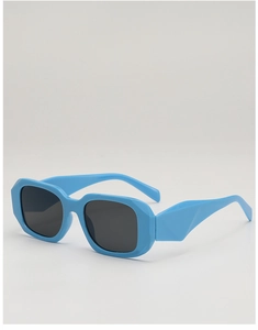 Detail of light blue chunky square sunglasses with smoke lenses and geometric cut temples